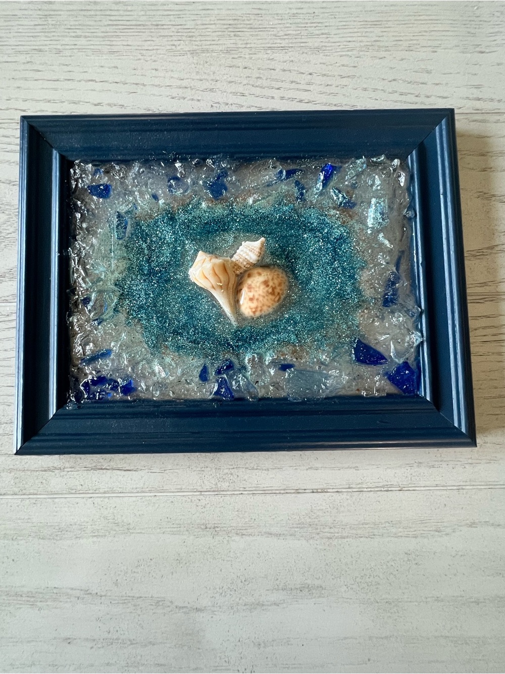 Handmade Coastal Blue Seashell Framed Art- 8”x6”